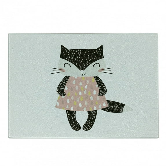 Cat Cutting Board, Feline Girl in a Raindrop Shapes Pattern Dress Hand Drawn Themed Animal, Decorative Tempered Glass Cutting and Serving Board, Small Size, Multicolor, by Ambesonne