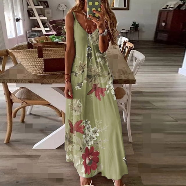 SMihono Robe Maxi Bohème d'Été pour Femmes Grande Taille Mode d'Été Imprimée Col en V Sans Manches Bretelles Robe Pull Robe de Plage