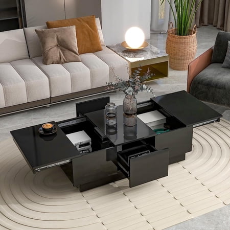 Multifunctional Coffee Table with 2 Large Hidden Storage Compartment, Extendable Cocktail Table with 2 Drawers, High-Gloss Center Table with Sliding Top for Living Room, 39.3¡±x21.6¡±, Black