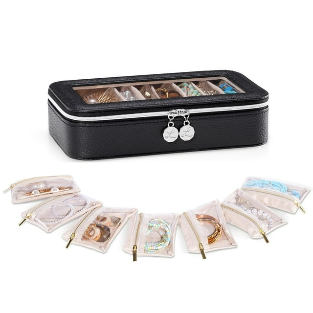 8 en 1 Estuche Viaje para Joyas con Bolsitas Terciopelo, Organizador Joyero Portátil con Ventana Claro de Arete Anillo Collar Pulsera Pendiente Almacenaje Compacto para Mujer Niña -Negro, 8Pcs