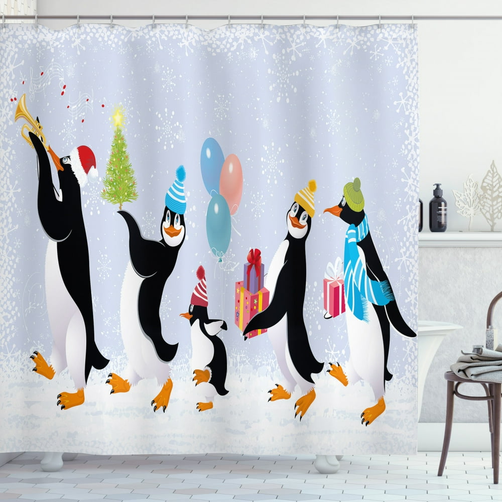 Christmas Shower Curtain, Group of Cute Penguins in Caps Walking on