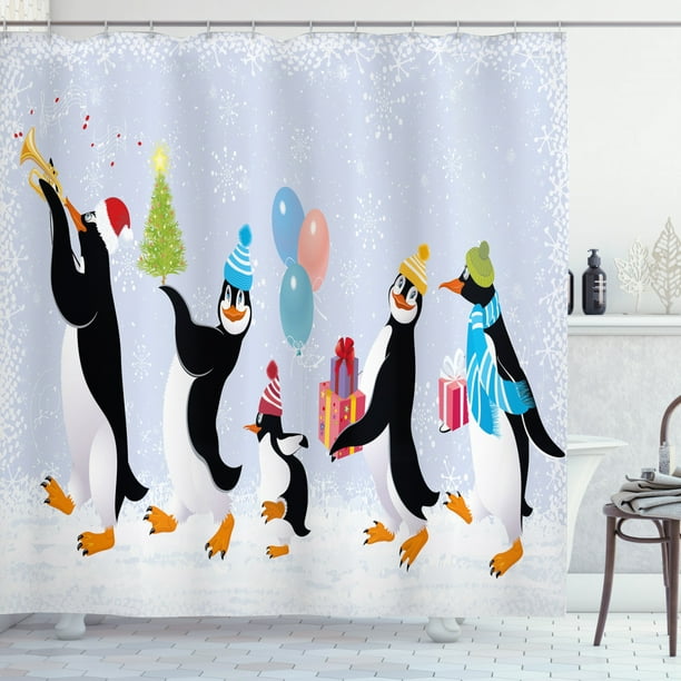 Christmas Shower Curtain, Group of Cute Penguins in Caps