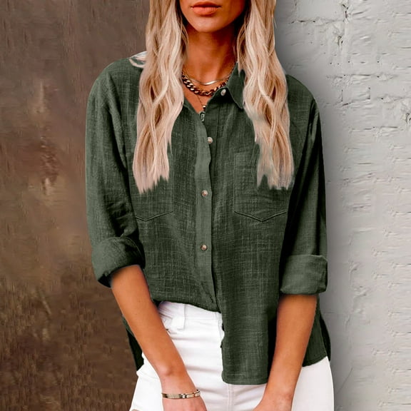 Royisotas Fall and Winter Women Tops Cotton Linen Tunic Casual Long Sleeve Button Down Shirts for Women Solid Green Pocket Collared Button up Shirts