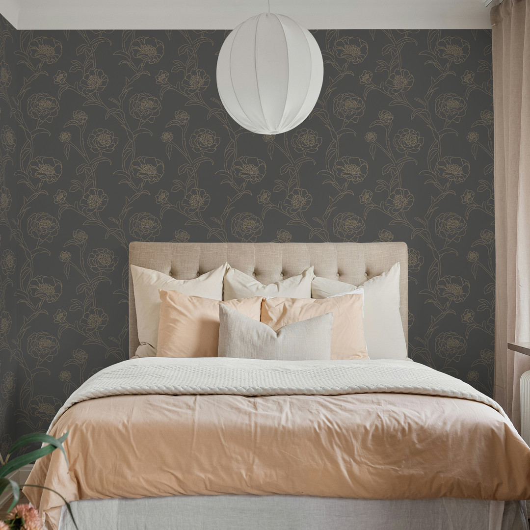 Tempaper Peonies Metallic Gold and Noir Floral Peel and Stick Wallpaper, 20.5" x 16.5'