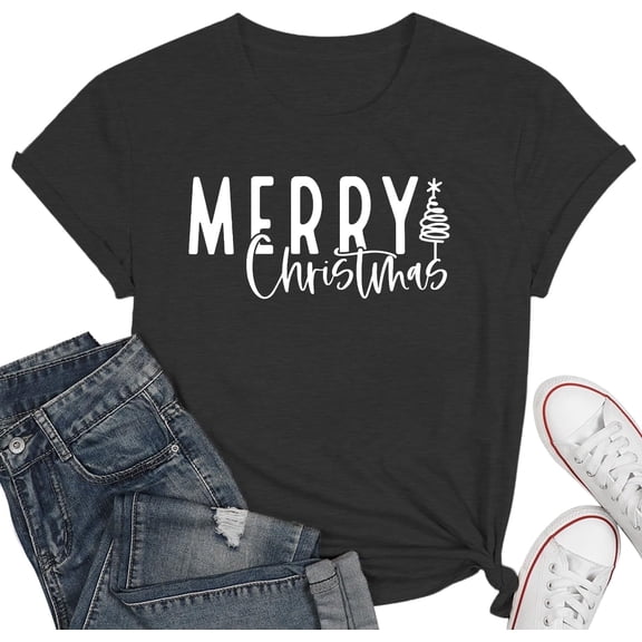 Christmas Shirts for Women Christmas Tree T-Shirt  Letter Graphic Tees Tops