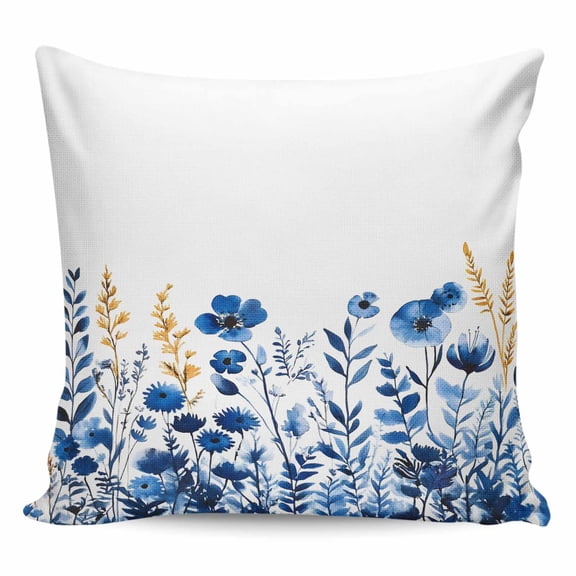 Throw Pillow Covers 16x16 Inch, Blue Poppy Floral Decorative Pillow Cases for Couch Sofa Bed, Botanical Wildflowers Elegant Cotton Linen Square Home Decor Pillowcases with Hidden Zipper