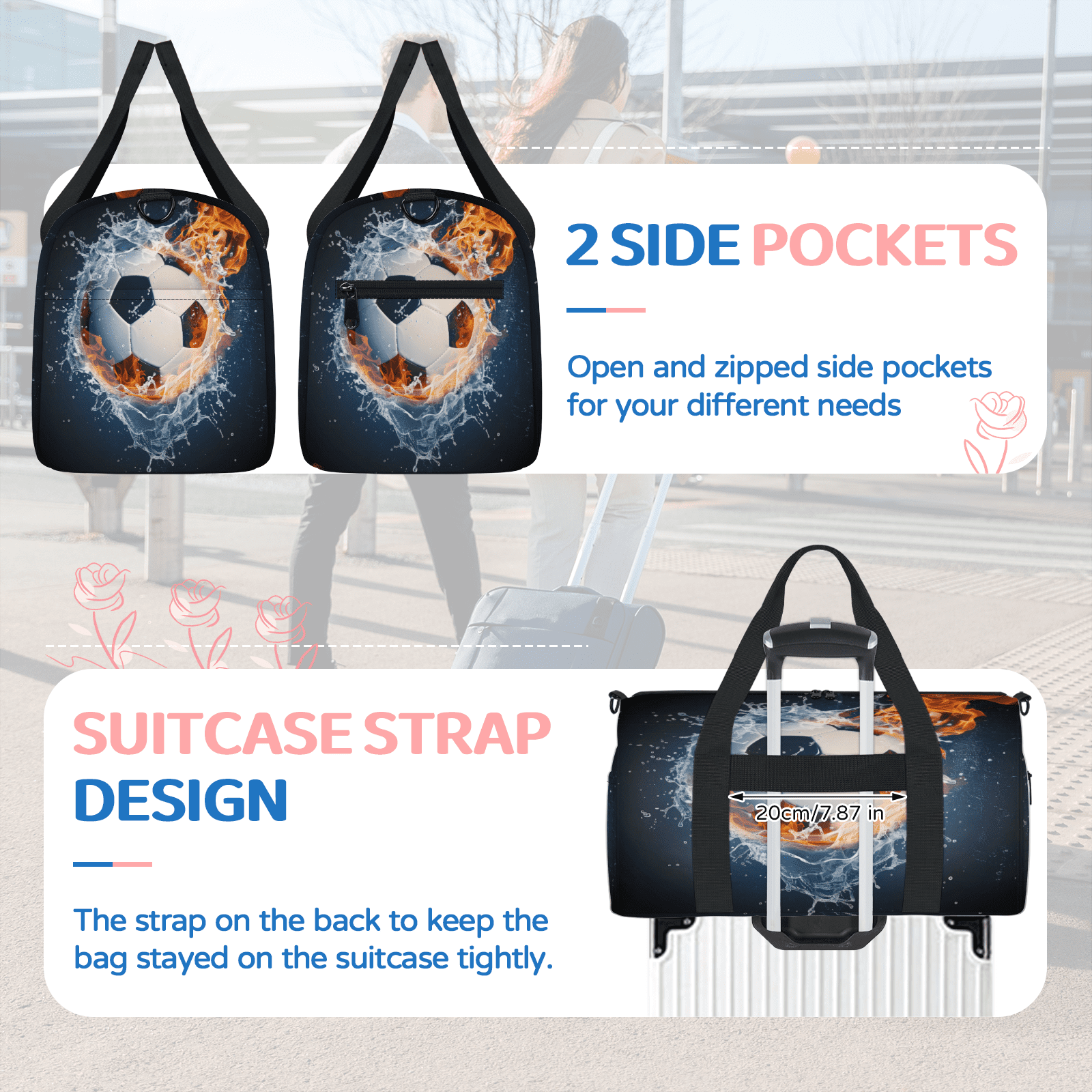 Herdesigns Soccer Ball On Fire And Water Travel Duffle Bag Sports Yoga Weekender Overnight Carry on Workout Bags Lightweight Waterproof Gym Tote Bag for Women