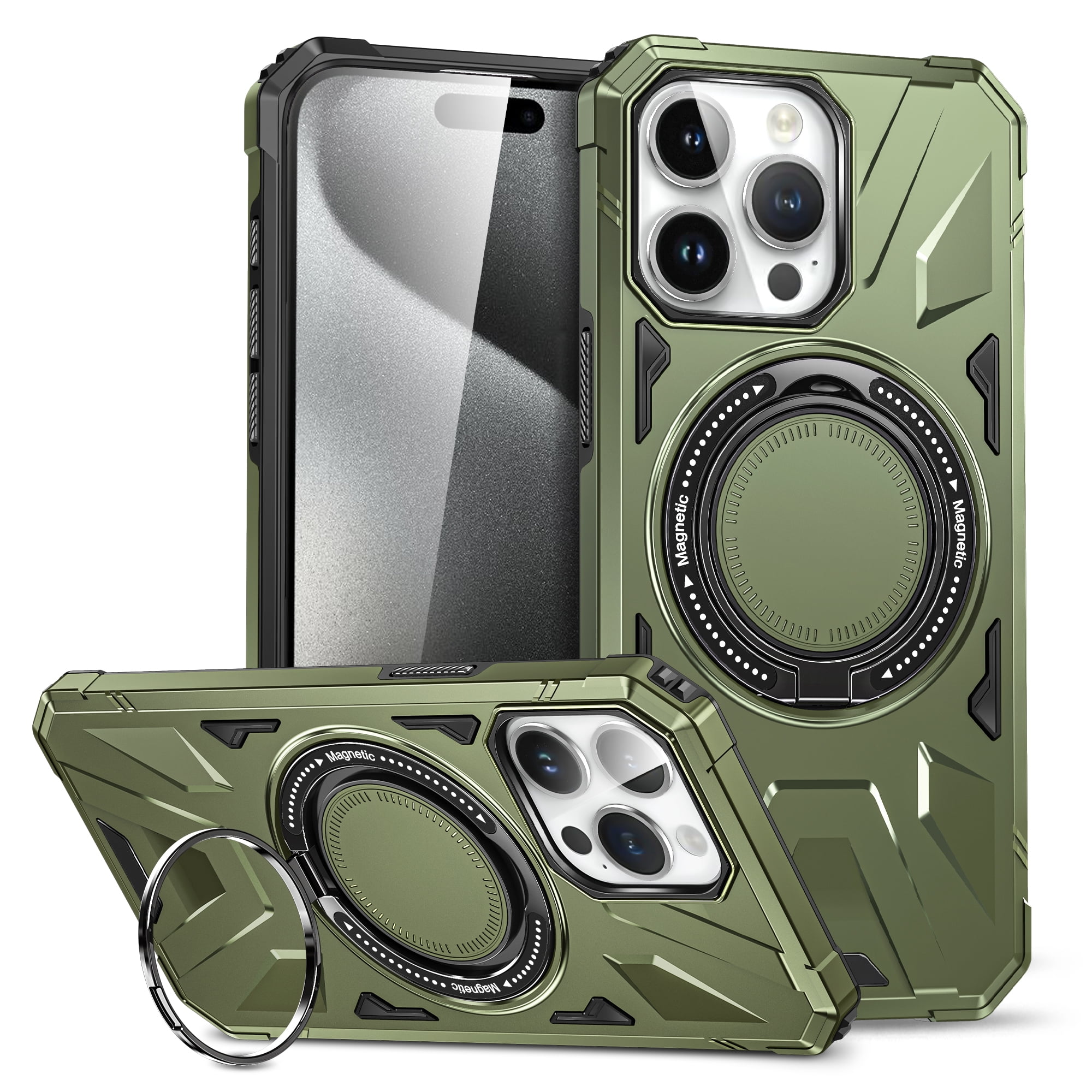 Upgrade Case for iPhone 15 Pro Case with Stand,2 Stand Way [360° Rotatable Invisible] Ring Stand for Magnetic Car Mount,[Compatible with MagSafe],Shockproof Heavy Duty for iPhone 15 Pro Case,Darkgreen