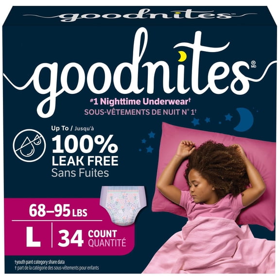 Sous-vêtements de nuit Goodnites pour filles, taille G (31 à 43 kg [68 à 95 lb]), 34 sous-vêtements