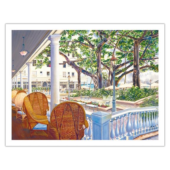 Romance of the Moana - Moana Hotel Waikiki Beach - Honolulu Hawaii - From an Original Hawaii Watercolor Painting by Peggy Chun - Fine Art Matte Paper Print (Unframed) 20x26in