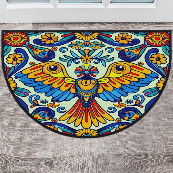 CURLYOOT Mexico Floral Style Half Round Door Mat 40'' x 63'', Indoor Outdoor Entrance Rug, Semi Circular Area Rug, Non Slip Washable Absorbent Doormat, Mexican Bird Laundry Room Rug