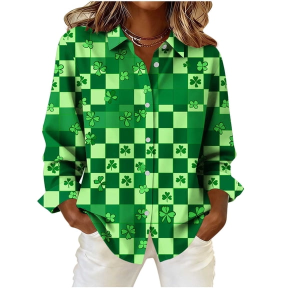 SELONE St. Patricks Day Button down Shirts for Women Long Sleeve Collared Shirt Button Plaid Tops Outerfits Green M