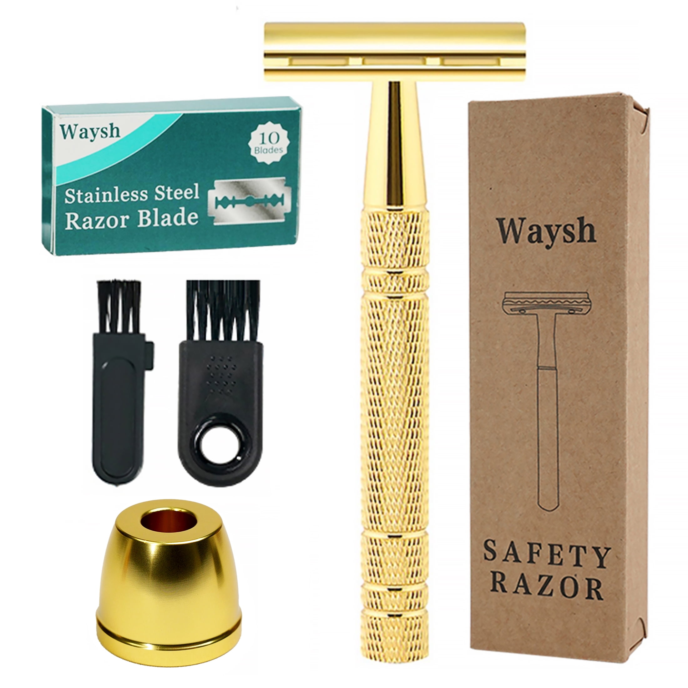 Waysh Luxe Gold Classic Wet Shave 20 Blade Safety Razor Kit with Stand, Gold