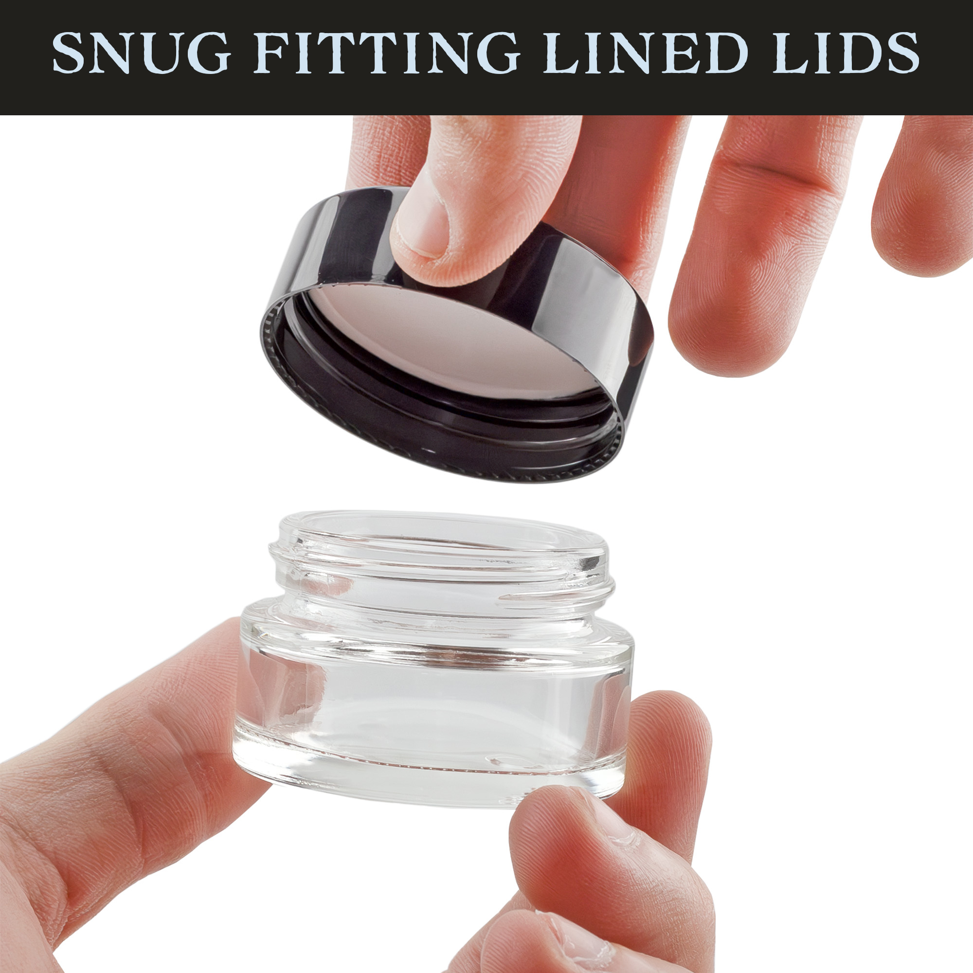 Cornucopia Brands 15-Milliliter Clear Glass Balm Jars (12-Pack); 1/2 oz Cosmetic Jars w/ Lined Black Plastic Lids