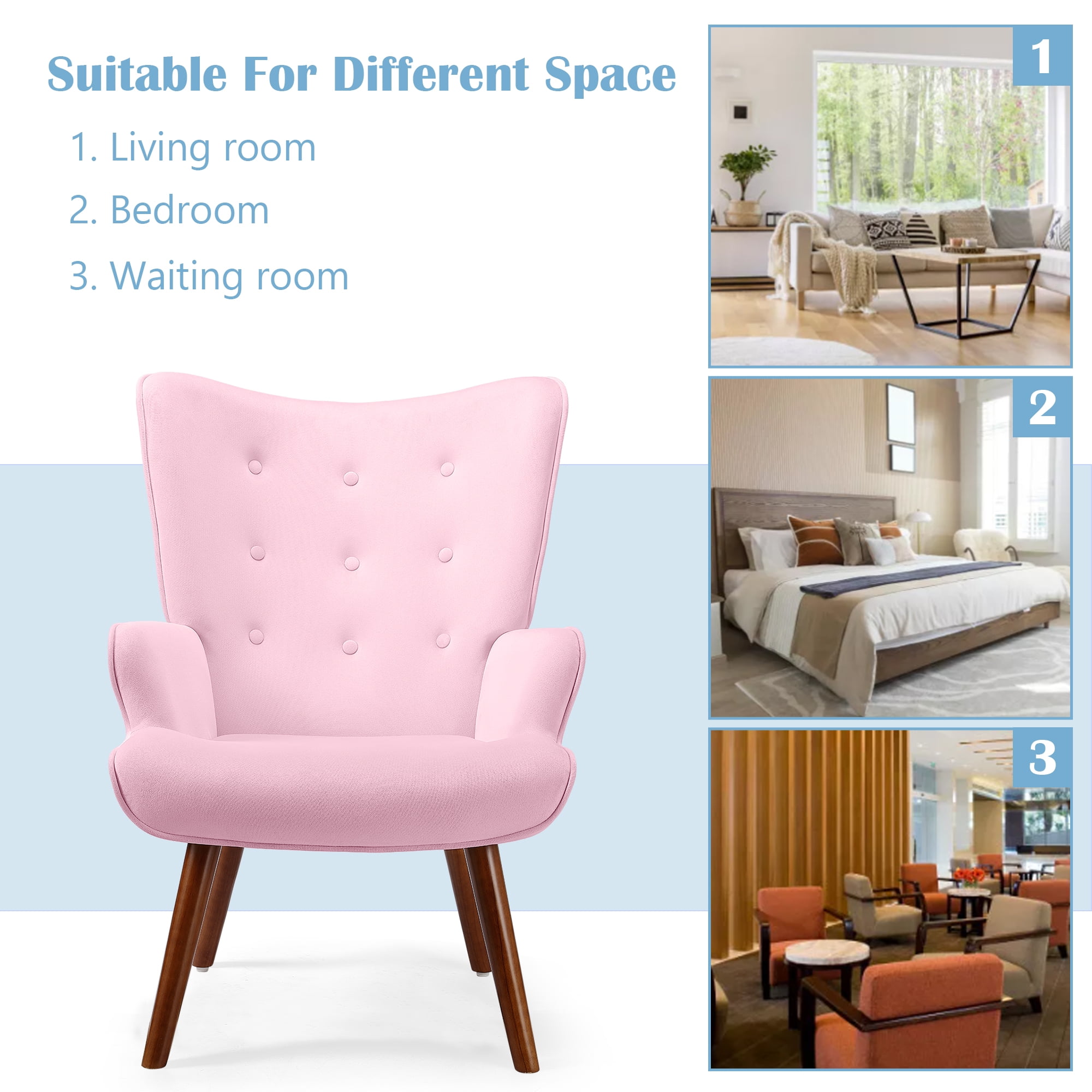 TrumanPick Modern Accent Chair, Velvet High Back Armchair with Solid Legs Sofa Chairs for Living Room Vanity Room, Pink
