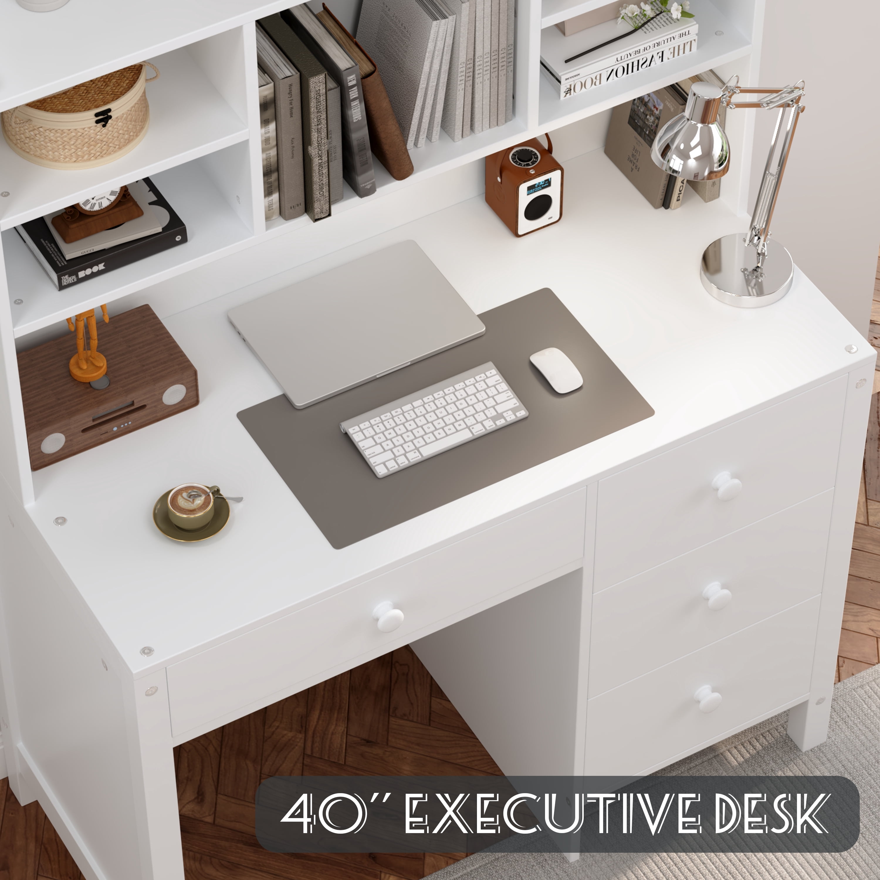 Aukfa 40" Home Office Computer Desk with Hutch, Executive Desk & Upholstered Chair Set with Bookshelf for Study/Bedroom, White