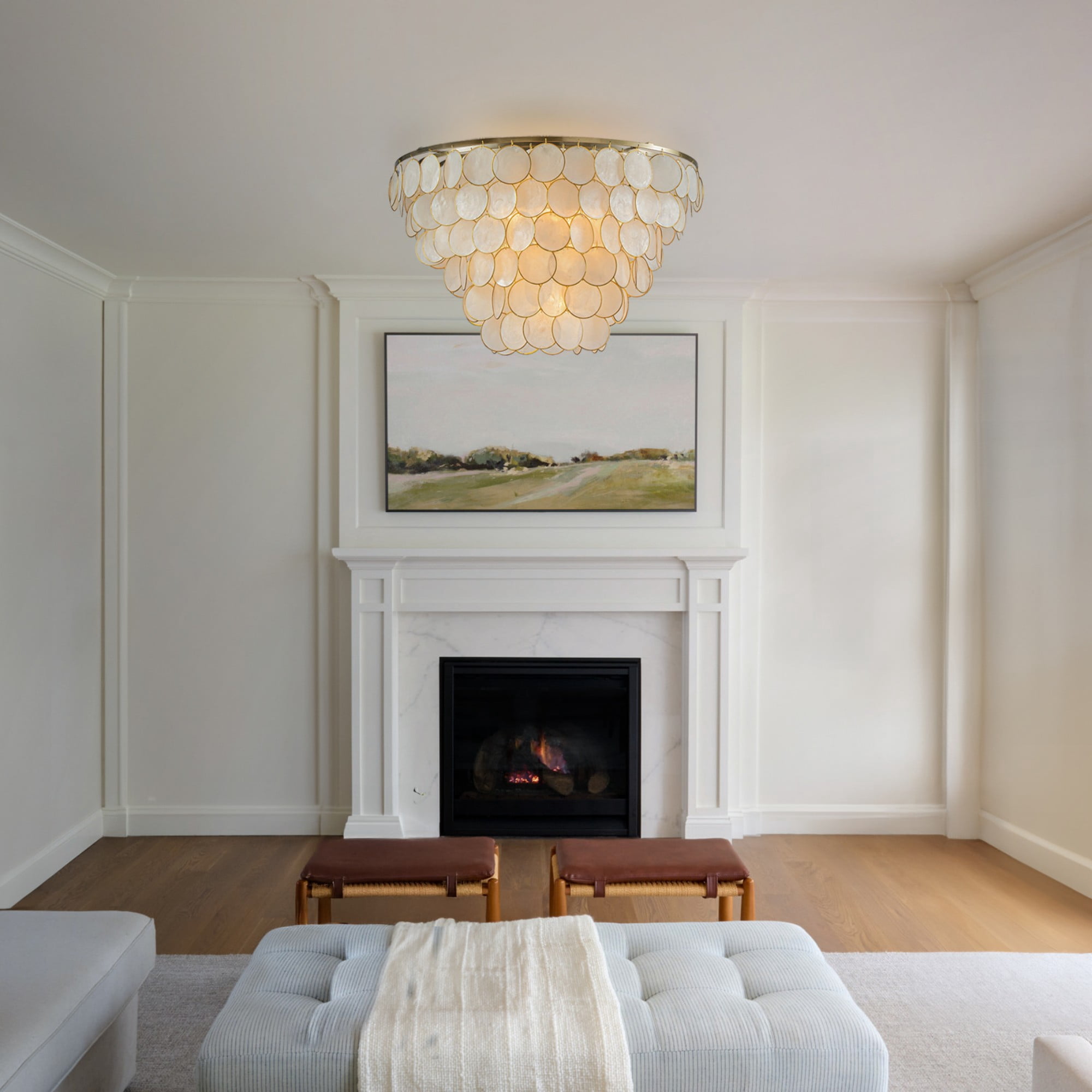 W24 in 5 Lights Coastal Capiz Shell Close to Ceiling Light Farmhouse Tiered Seashells Flush Mount Ceiling Light in Aged Bronze with Natural White Shells for Dining Room Living Room
