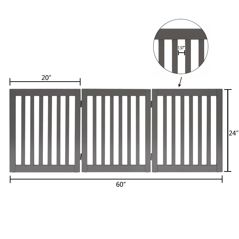 Unipaws Freestanding Wooden Dog Gate, Foldable Pet Gate with 2PCS Support Feet, Dog Barrier Indoor Pet Gate Panels for Stairs, 24 Inch Tall, 60 Inch Wide, Gray