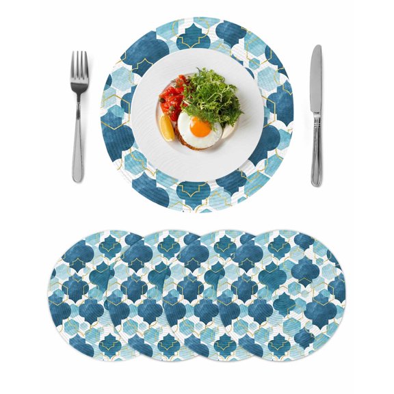 Blue Geometric Moroccan Round 13 Inch Placemats Set of 4, Abstract Art Blue Ombre Modern HeatResistant Non Slip Place Mats for Dining Table, Wipeable Braided Kitchen Table Mats for Housewarming