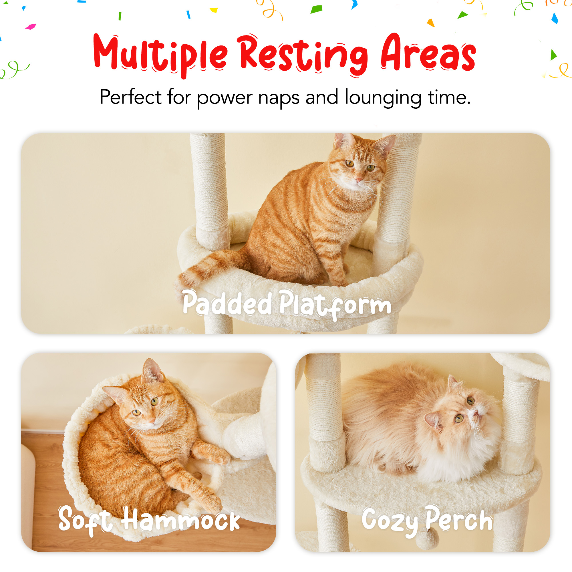 Furcato 92.1"-101.6" Adjustable Height Cat Tree, Floor to Ceiling Cat Tower, 7 Tiers Cat Climbing Tree with Hammock, Beige