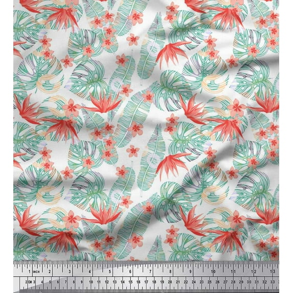 Soimoi Poly Georgette Fabric Tropical Leaves,Plumeria & Heliconia Floral Print Fabric by The Yard 42 Inch Wide