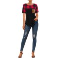 thumbnail image 4 of Women Plaid Print Pocket Patchwork Contrast Color Short Sleeve Top, 4 of 4