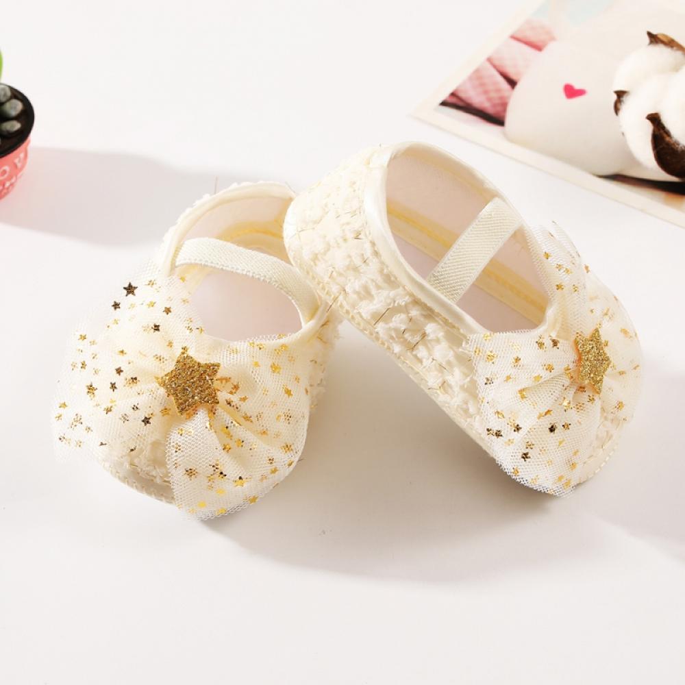 Baby Girls Mary Jane Shoes with Bowknot Headband,Toddler Soft Sole Princess Shoes Yarn Bowknot Crib Shoes First Walker Infant Cute Girls Wedding Dress Shoes Flower Girl Flats Twinkle Star,Beige 0-18M - image 3 of 7