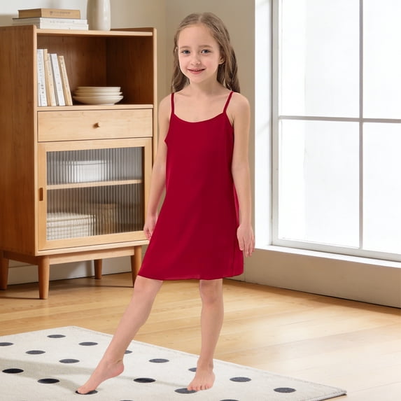 Curuila Children Girls Pajamas Set Sleeveless Solid Color Crew Neck Dress Lightweight Soft Casual Loungewear Red2 Size 13-14 Years