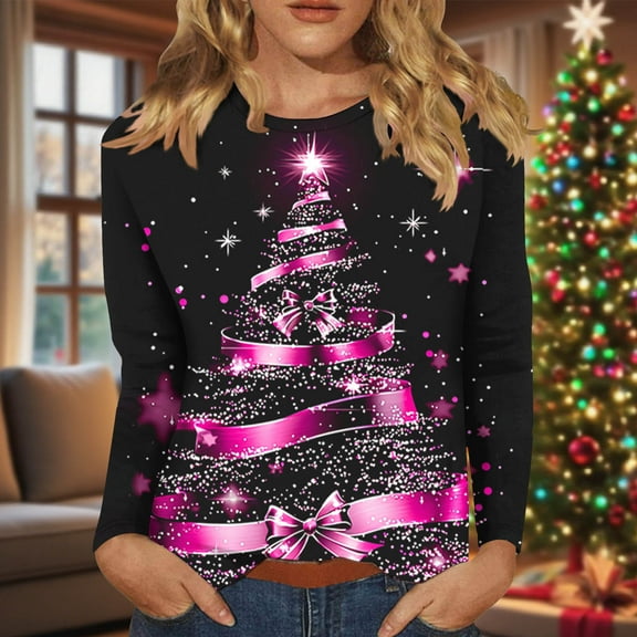 Qulqfy Womens Christmas Shirts Pink Crewneck Xmas Long Sleeve Plus Size Christmas Tree Sparkle Casual Blouses Funny Christmas Shirts for Women