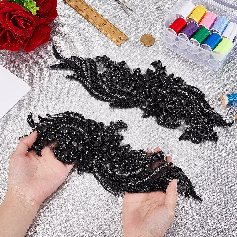 2Pcs Polyester Handicraft Flower Beading Felt Appliques with Glass Rhinestone Costume Accessories Sewing Craft Decoration Black 375x148x6mm