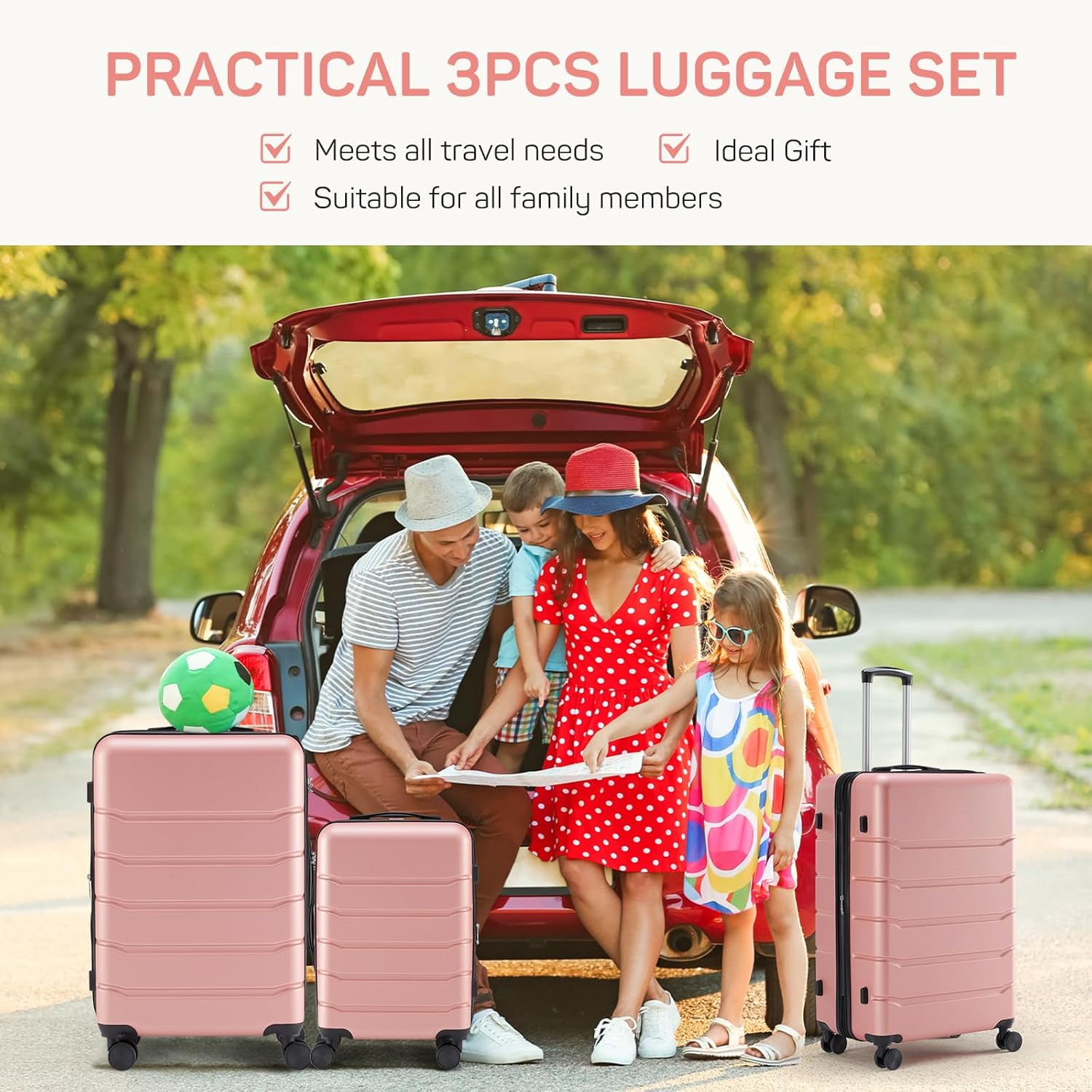 3-Piece Luggage Sets, Lightweight Hardside Suitcases with Spinner Wheels, Expandable Lightweight Rolling Suitcase Sets with TSA Lock, Pink(20/24/28 Inch)