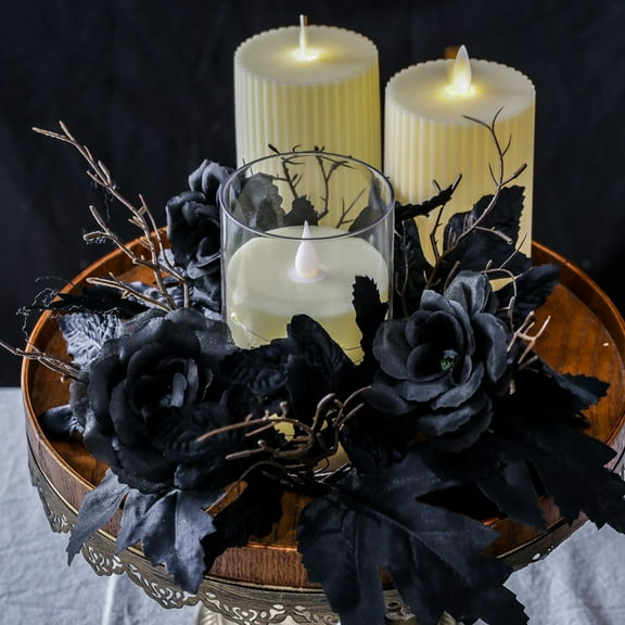 Boovnll Halloween Candle Rings, Artificial Mini Black Halloween Decor Candle Rings Halloween Wreath for Candle, Cup, Vase, Tabletop Party Decor, Halloween Decorations