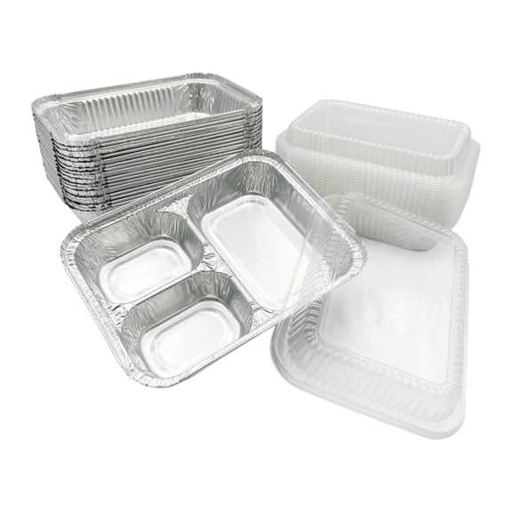 The Baker Celebrations 3-Compartment Aluminum Foil Trays with Lids, 25 Pack – Made in USA Disposable Divided Food Containers for Meal Prep