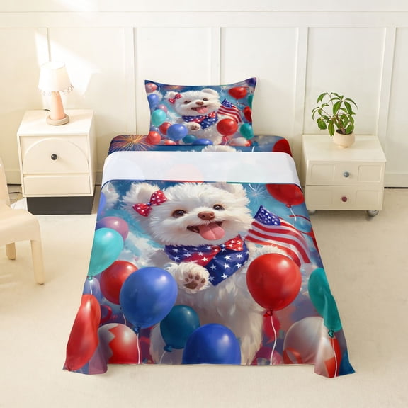 Homewish Pomeranian Dog Twin Sheets,4Th Of July Bedding,White,Balloon Decor,3 Pieces,1 Fitted Sheet and 1 Pillowcase