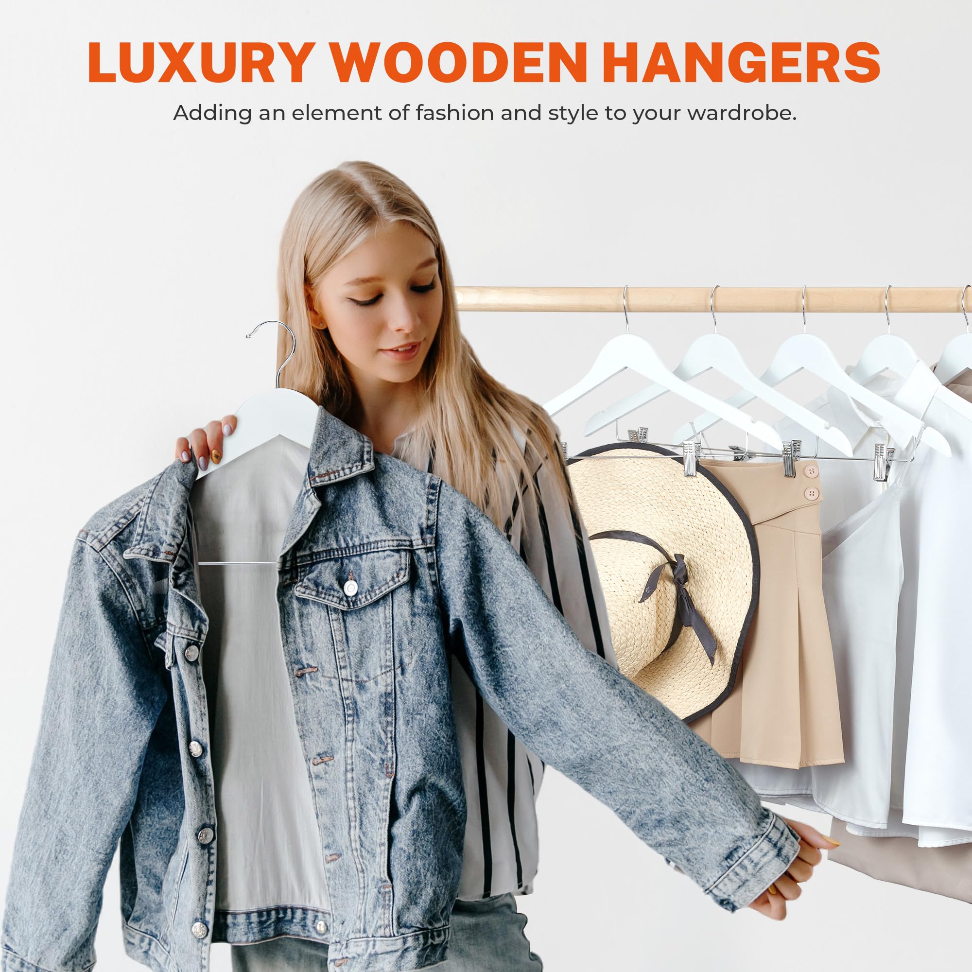 ACSTEP Wooden Hanger with Clips 12 Pack, Premium Coat Hanger, Wooden Clothing Hanger with Shoulder Grooves, 360 Degree Rotatable Hook, White