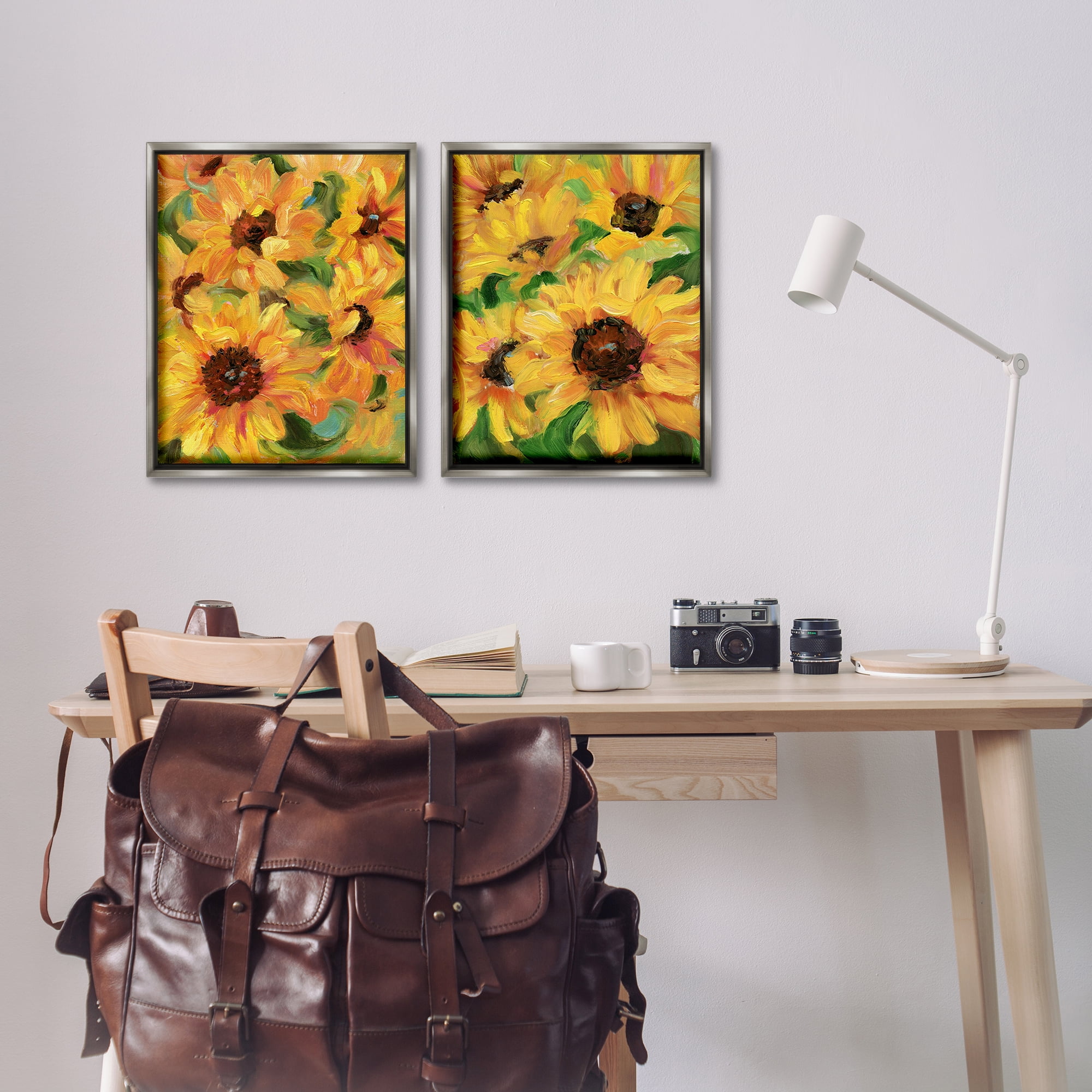 Stupell Industries Abstract Large Sunflower Blooms Plants & Flowers Painting Gray Floater Framed Canvas Art Print Wall Art, 17 x 21, Set of 2