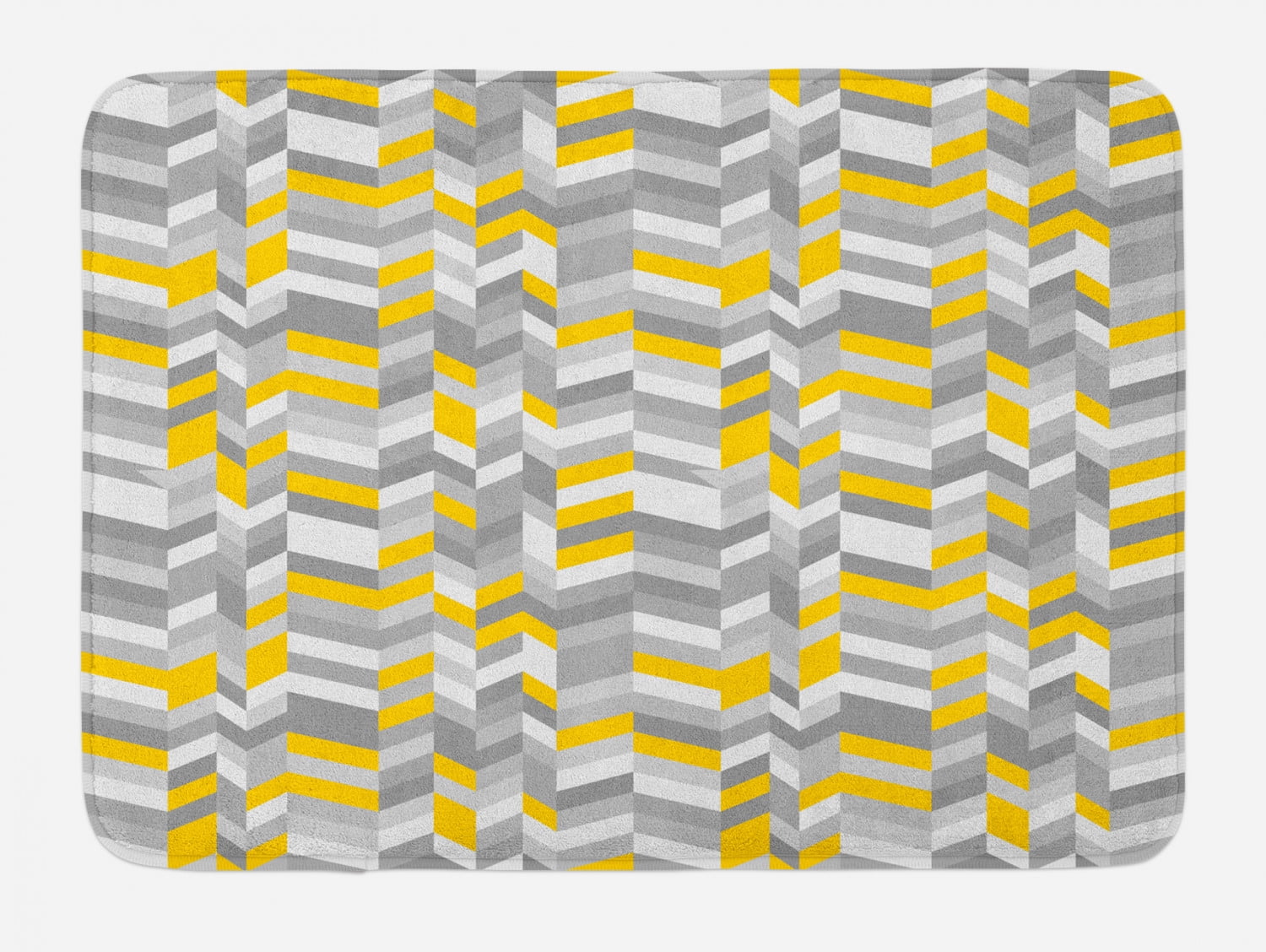 Grey and Yellow Bath Mat, Geometric Vintage 60s Home Pattern Inspired Herringbone Zig Zag Lines
