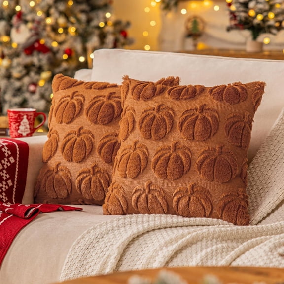 Burnt Orange Fall Pumpkin Decorative Throw Pillow Covers Set of 2, 20x20 Inch Soft Plush 3D Embroidered Halloween Pillow Covers for Fall Decorations Farmhouse Cushion Covers for Thanksgiving