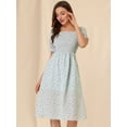 thumbnail image 2 of Vestido floral midi Allegra K fruncido informal con mangas abullonadas y cuello cuadrado Azul M, 2 of 6