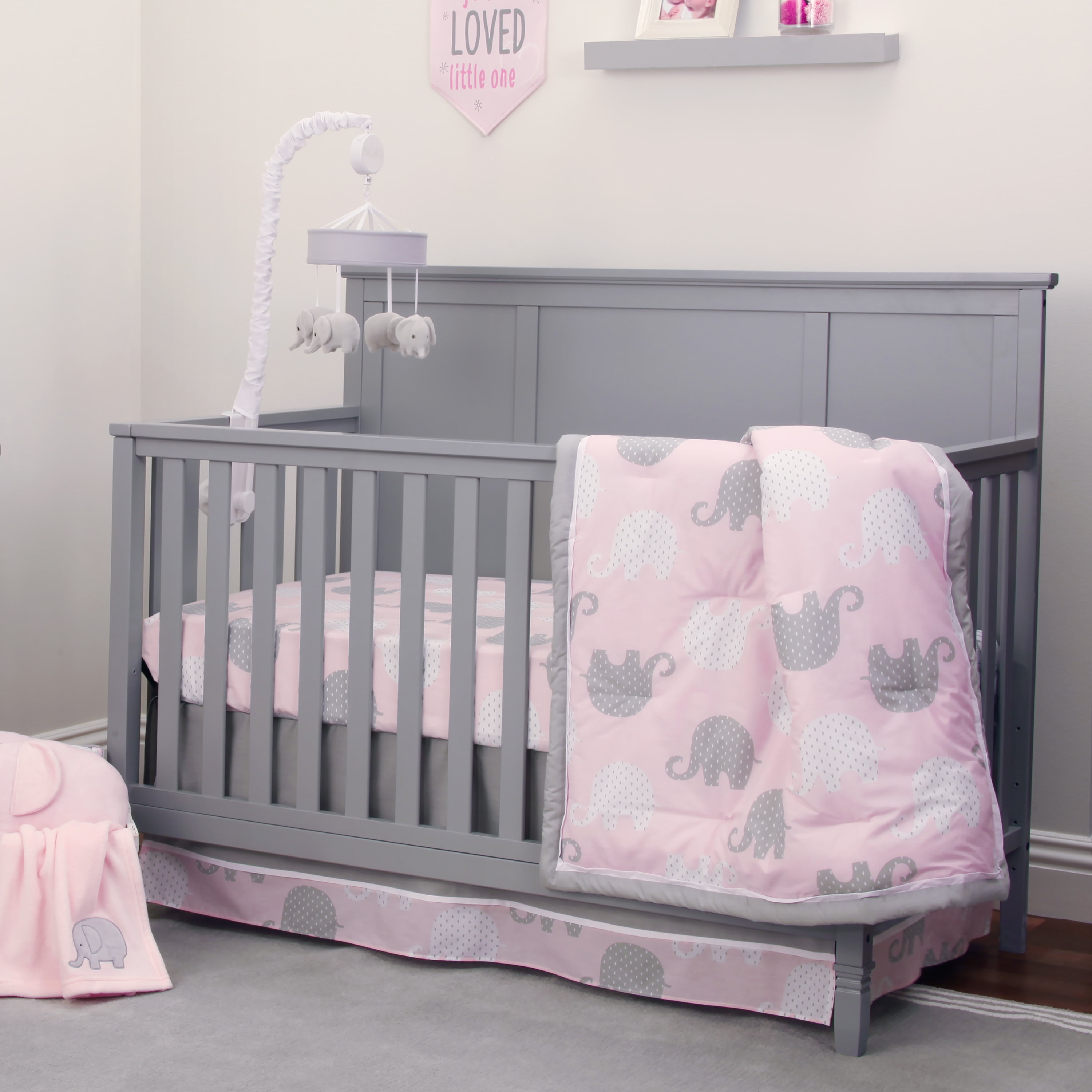 Pink Gray Elephant 10 pcs Crib Bedding Set Baby Girl Nursery Quilt Mobile Diaper 