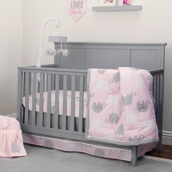 NoJo Dreamer Pink Gray Elephant 8-Piece Crib Bedding Set, Girl