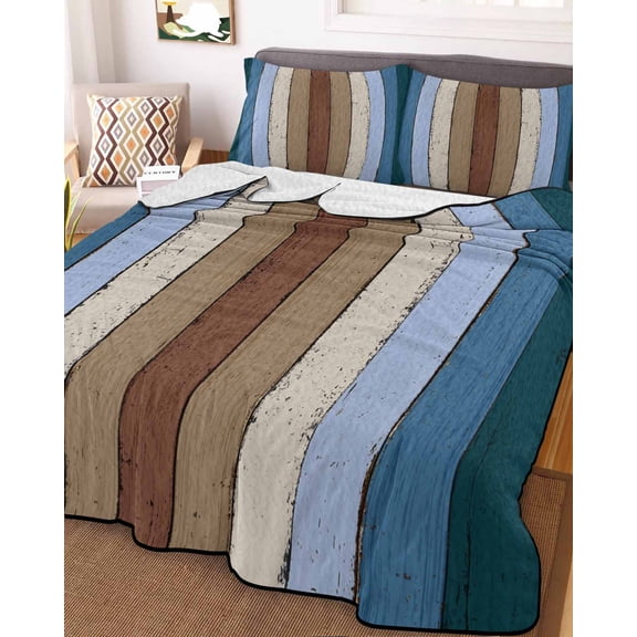 Blue Brown Queen Size Down Alternative Comforter,Lightweight Comforter Quilt Bedding Set with Pillow Shams Farmhouse Wood Grain Vintage Vertical Striped All Seasons Bed Comforter Duvet Insert 90"x96"