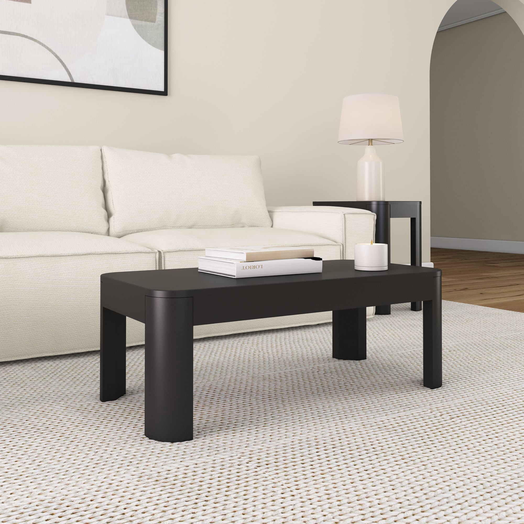 Plank+Beam Solid Wood 40" Modern Rectangular Coffee Table, Coffee Table for Living Room, Black