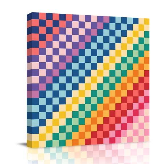 Canvas Wall Art, Colorful Plaid Framed Canvas Prints for Bathroom Desk, Farmhouse Checkered Modern Abstract Art Small Gallery Wrapped Wall Decor for Home Office, Gifts, 8"x8" Ship Next Day