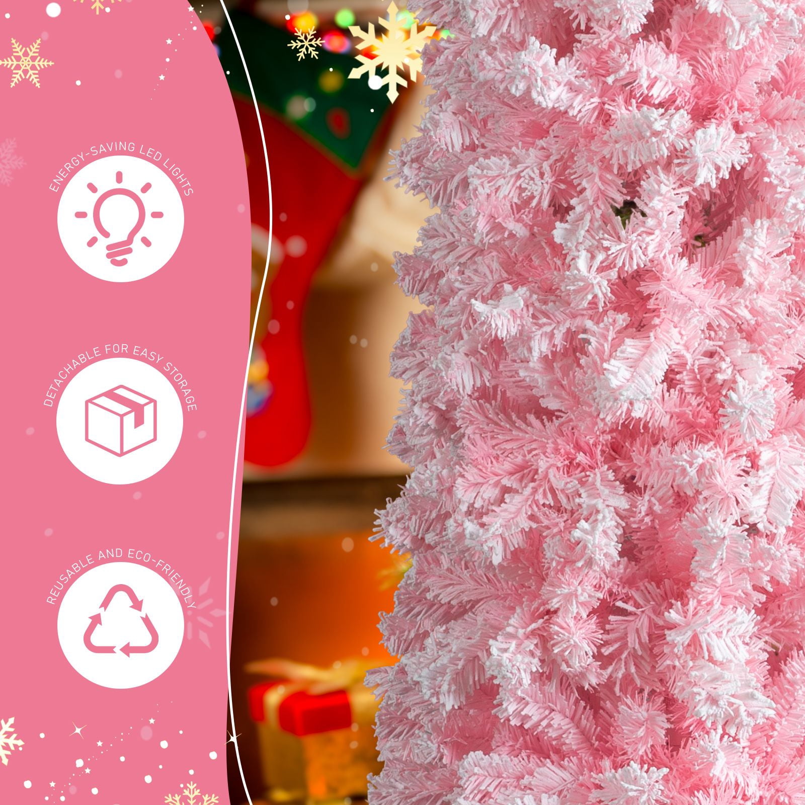 7.5 FT Snow Flocked Hinged Christmas Tree, Artificial Pencil Christmas Tree, Unlit Artificial Christmas Pine Tree with 641 Branch Tips and Sturdy Stand, Pink