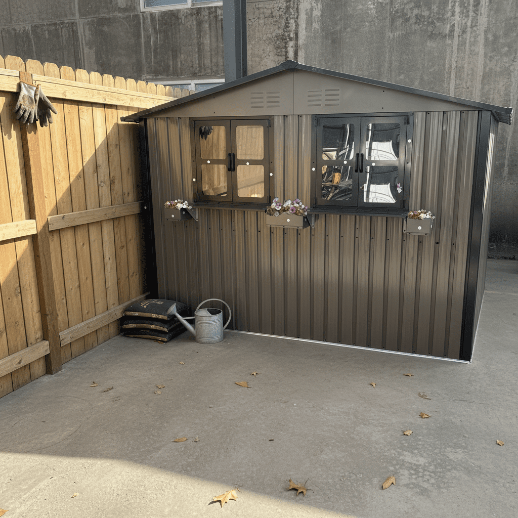 Mintazer 6×9ft Modern Metal Outdoor Storage Shed with Windows & Lockable Doors, Waterproof Weatherproof Garden Shed for Backyard Patio, Brown & Black