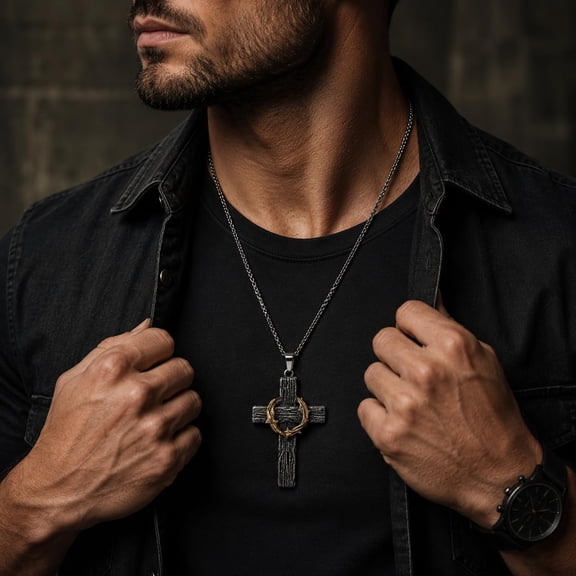 Crown of Thorns Cross Necklace for Men, Stainless Steel Christian Cross Pendant Necklace, Religious Faith Jewelry Gift for Men,A