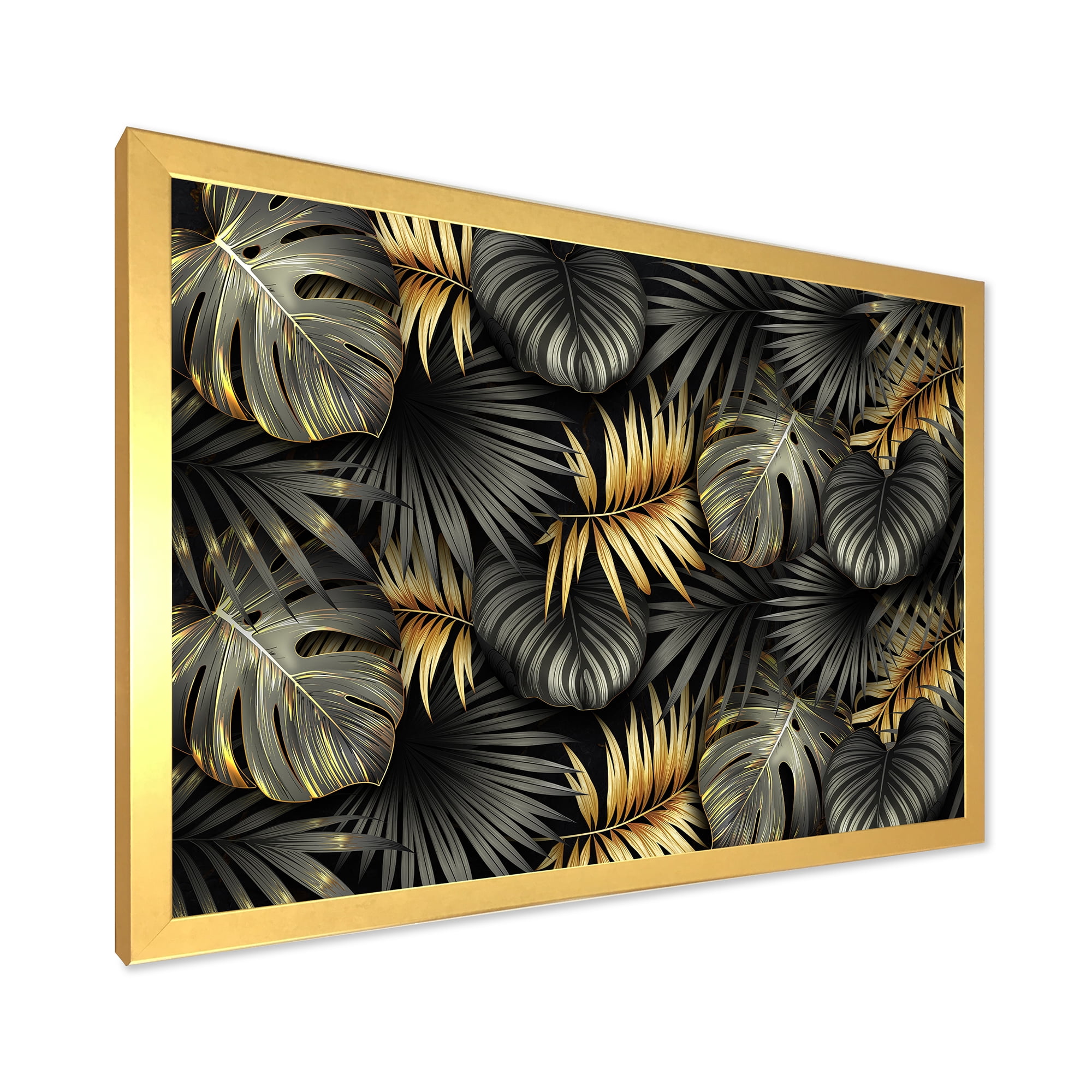 Designart 'Gold and Black Tropical Leaves II' Modern Framed Art Print