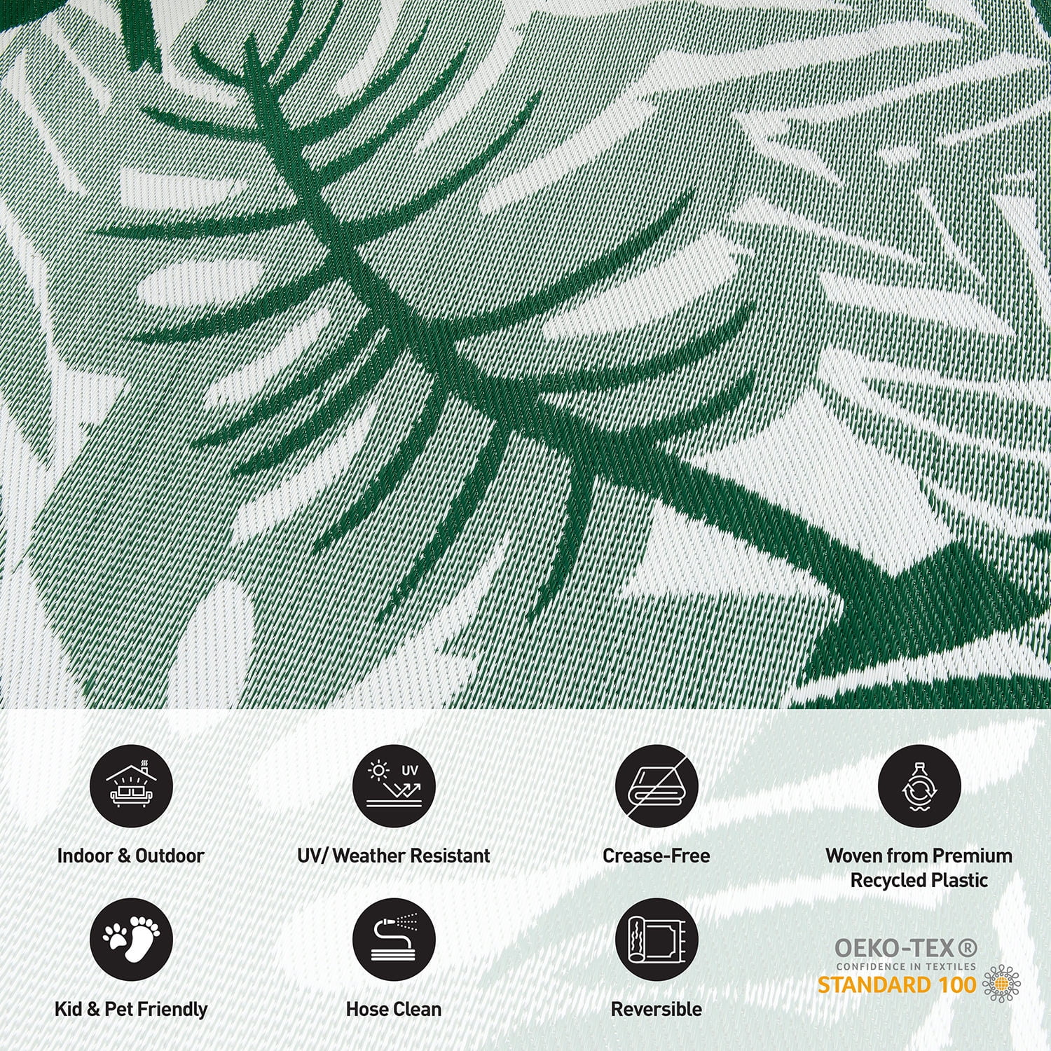 World Rug Gallery Tropical Leaf Reversible Recycled Plastic Outdoor Picnic Mat, Camping Rug, RV Rug - GREEN 5'x7'