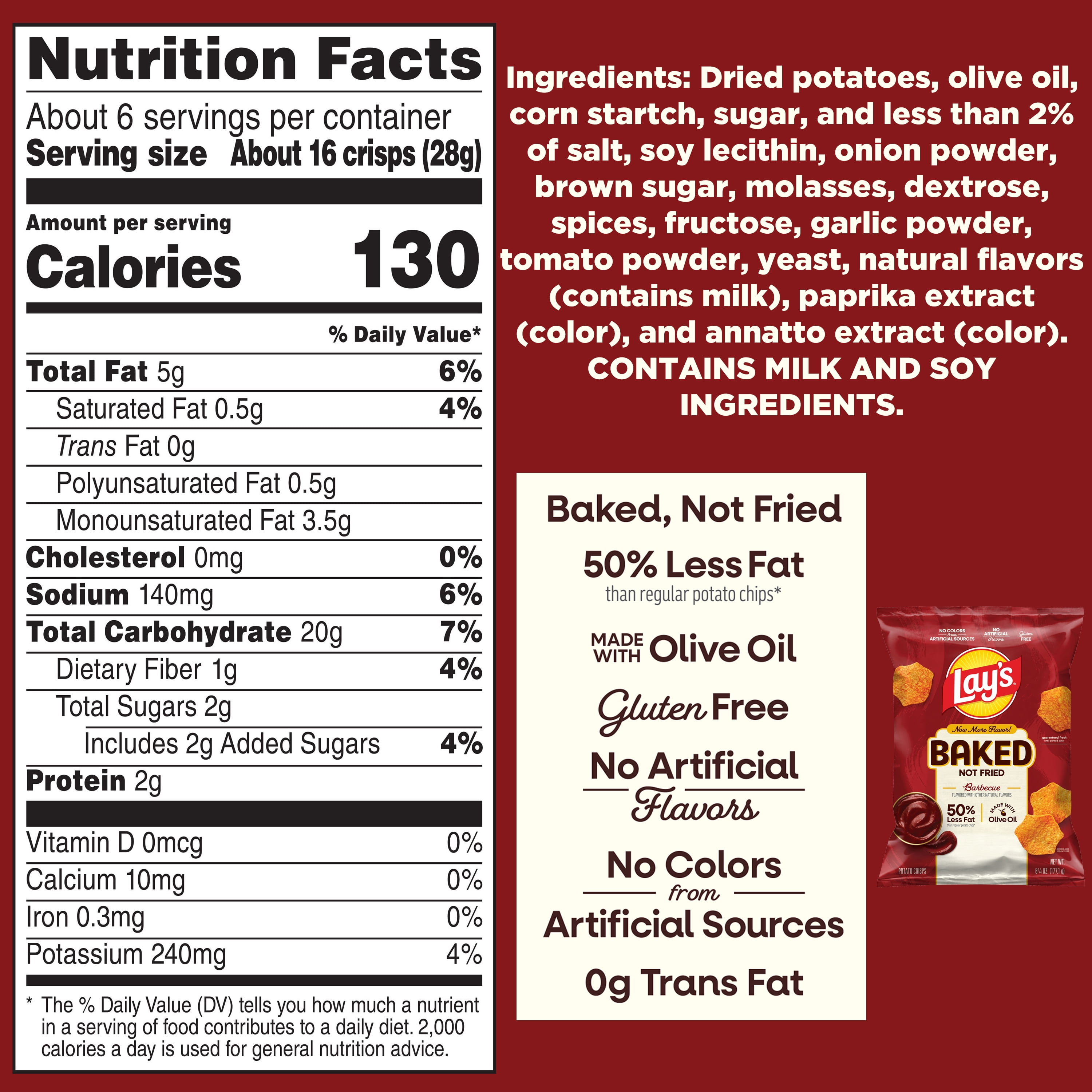 Baked Lay’s 50% Less Fat Barbecue Potato Chips Bag, 6.25 oz